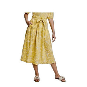 Womens Boho Cottagecore Skirt L Yellow Linen Cotton Flowy Romantic Floral Prep
